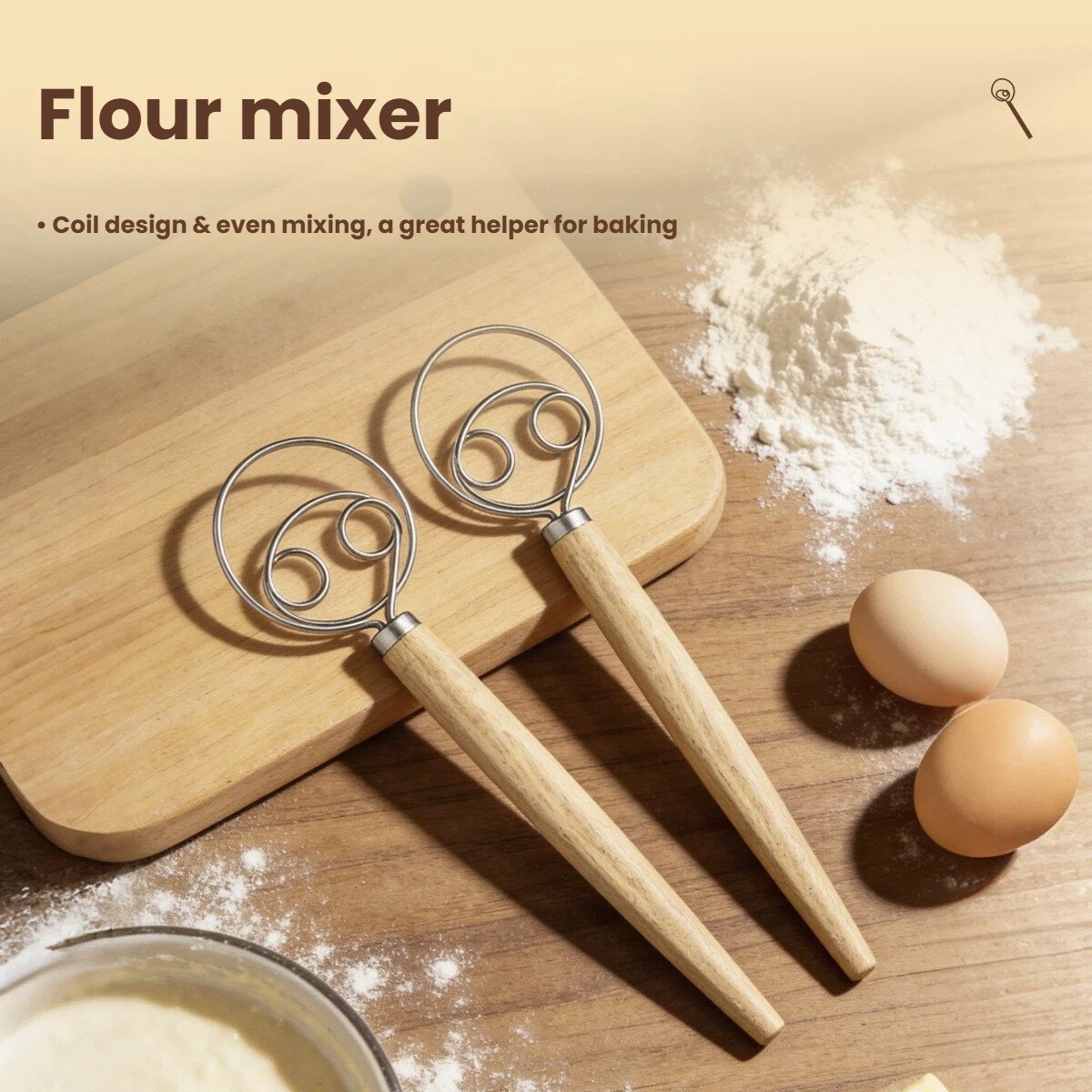 Danish Pancake Pan - Pengocok Adonan Gagang Kayu Besar, Pengocok